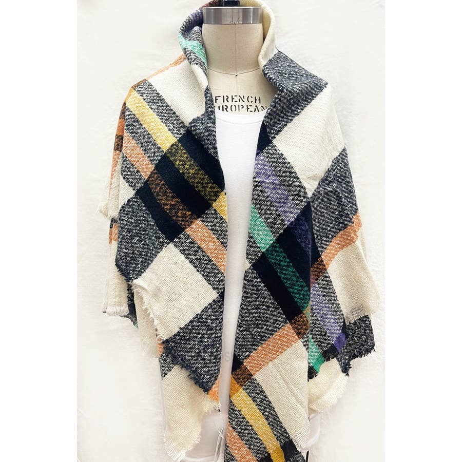 Plaid Fringe Blanket Scarf: Beige