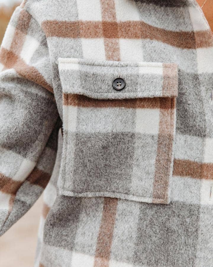 Plaid Shacket: Button Flannel Shirt Jacket: Light gray