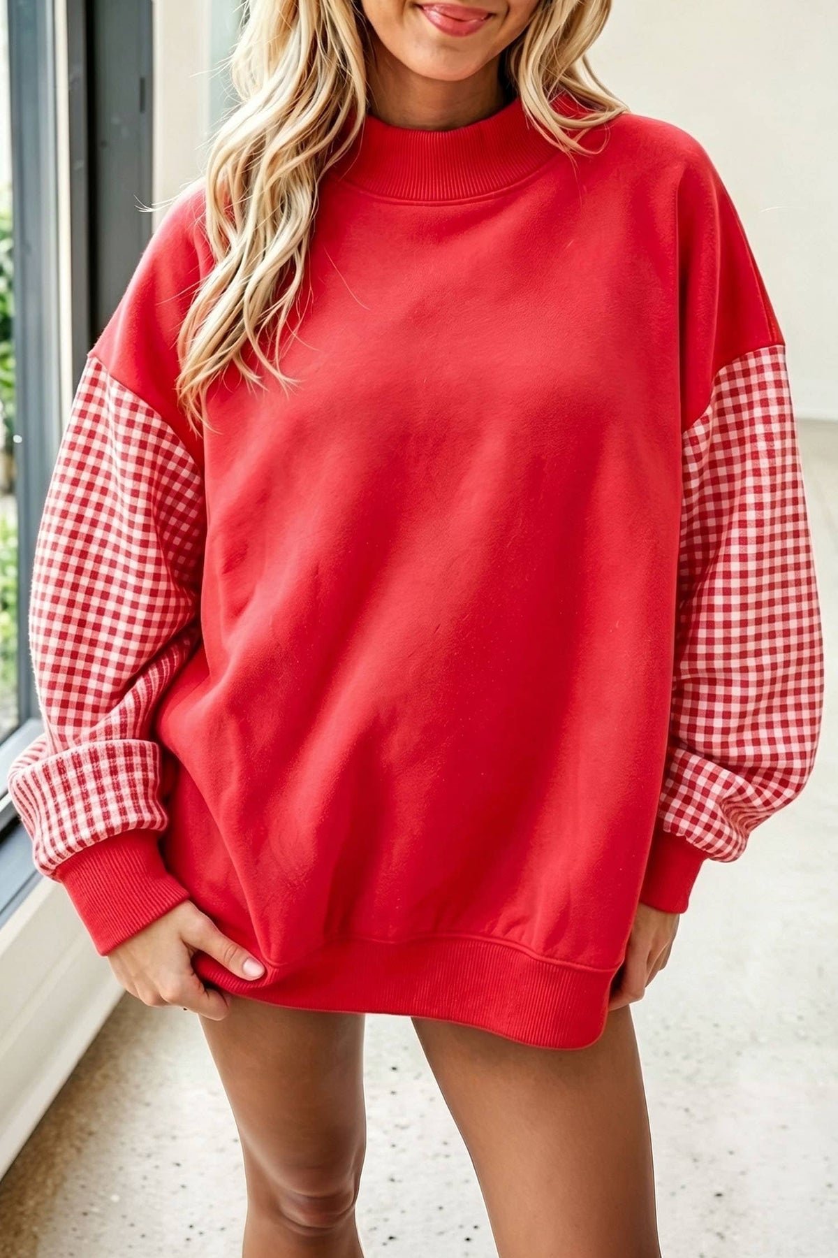 66 Plus Size Plaid/ Camo/ Dot Mock Neck Sweatshirt (S-4X): Camo Beige / XL