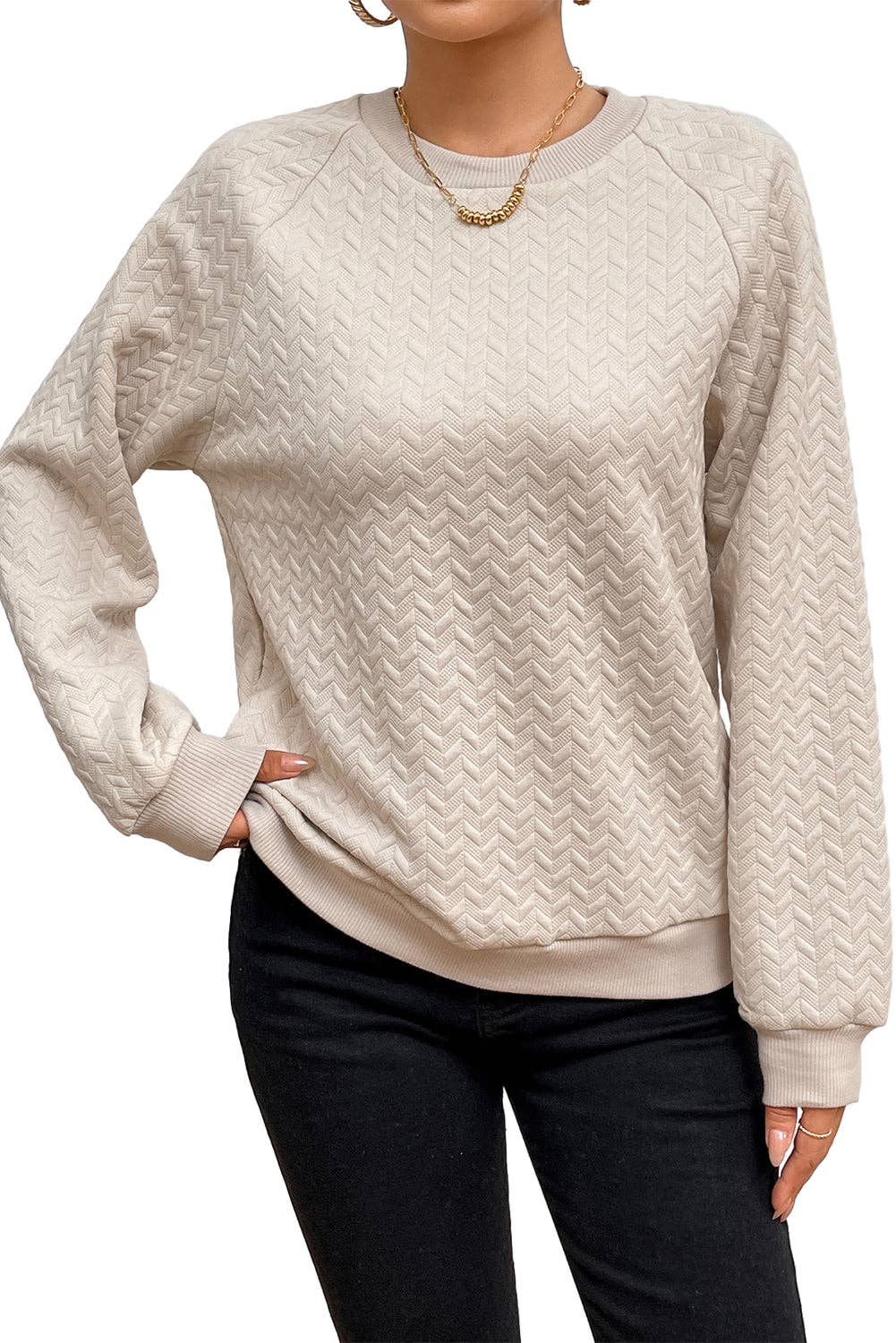 Textured Raglan Sleeve Pullover Sweatshirt: Beige