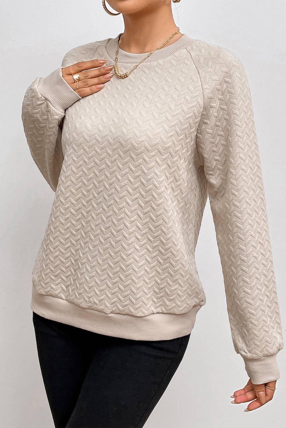 Textured Raglan Sleeve Pullover Sweatshirt: Beige