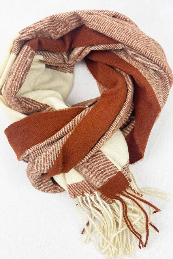 Two Tone Plaid Cashmere Scarf With Tassel