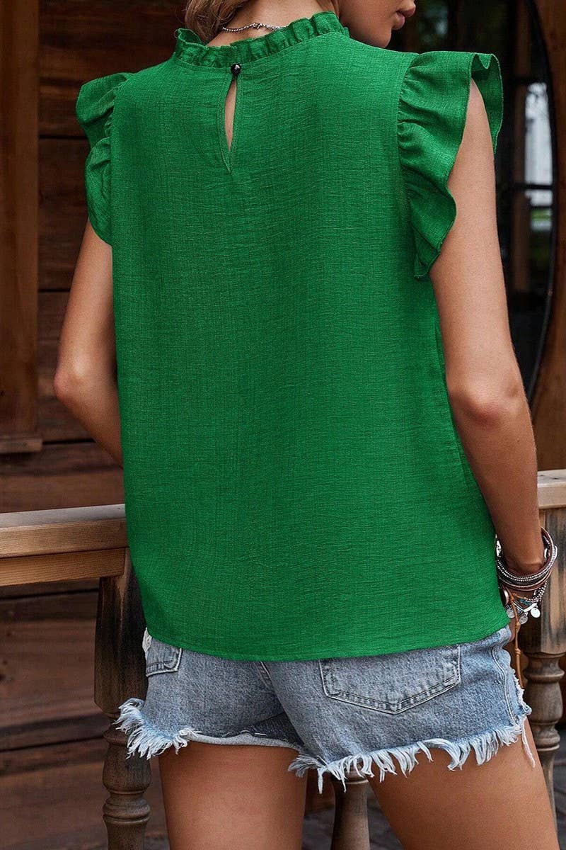 CWTBLSL0634_RUFFLE SLEEVE PLEATED SHORT SLEEVE TOP: GREEN / (S) 1