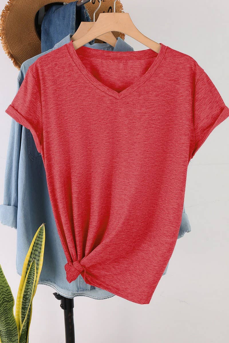 CWTTS00971_SOLID COLOR CASUAL V-NECK SHORT-SLEEVED T-SHIRT: WHITE / (S) 1