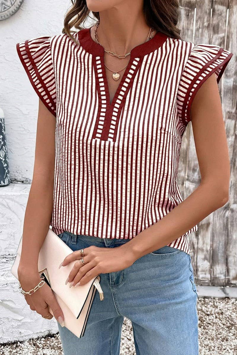 CWTBLS02770_COLOR-BLOCKED V-NECK STRIPED FLUTTER SLEEVE TOP: BLACK / (S) 1