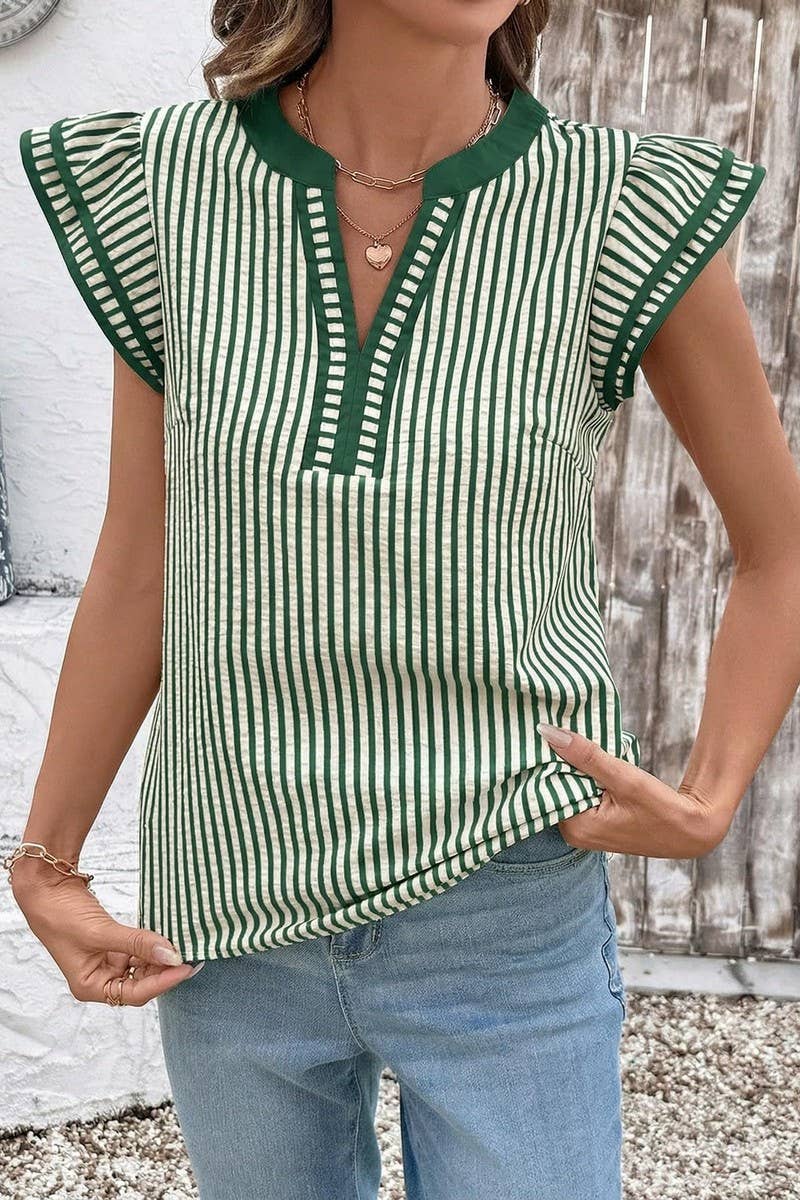CWTBLS02770_COLOR-BLOCKED V-NECK STRIPED FLUTTER SLEEVE TOP: BLACK / (S) 1
