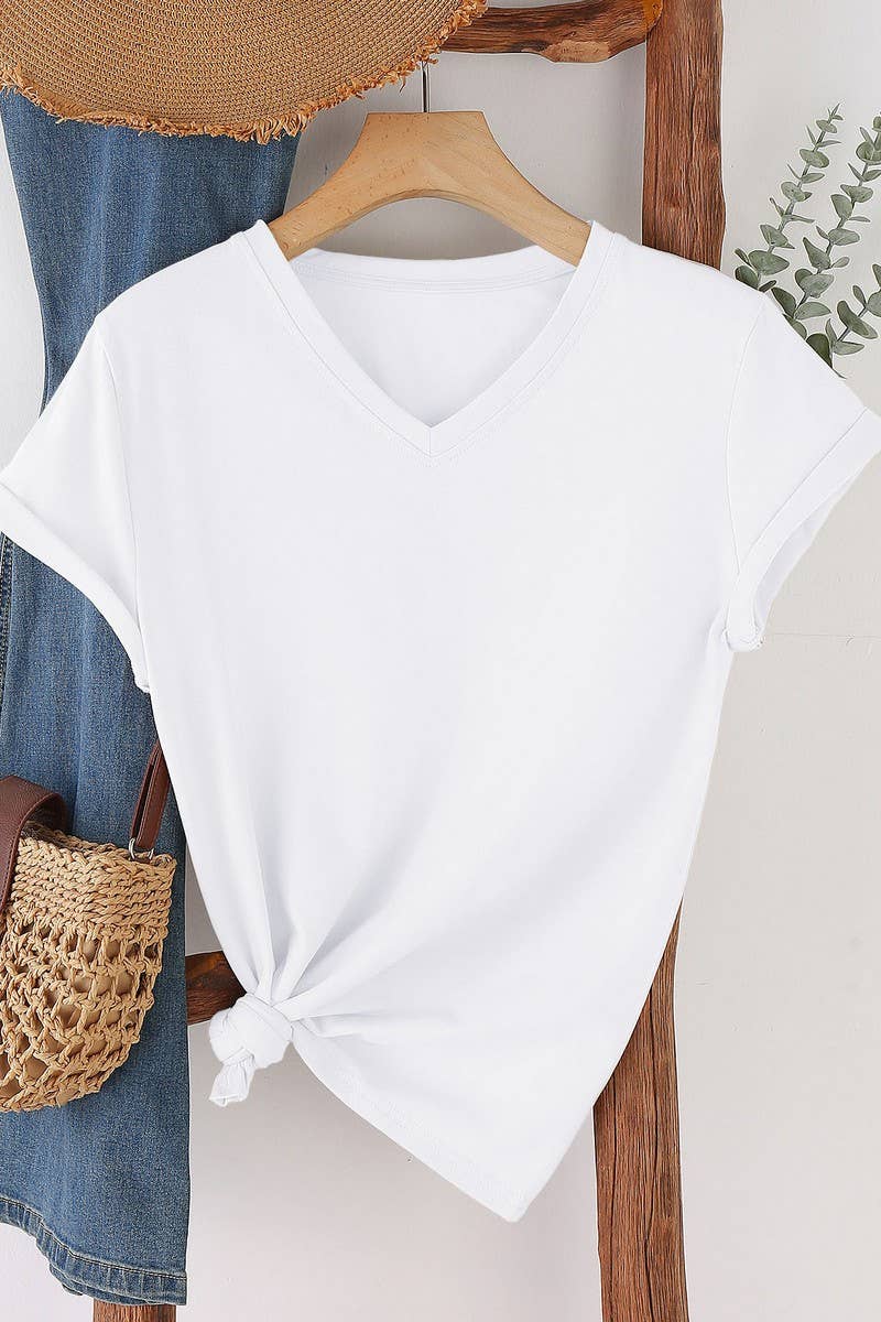 CWTTS00971_SOLID COLOR CASUAL V-NECK SHORT-SLEEVED T-SHIRT: WHITE / (S) 1