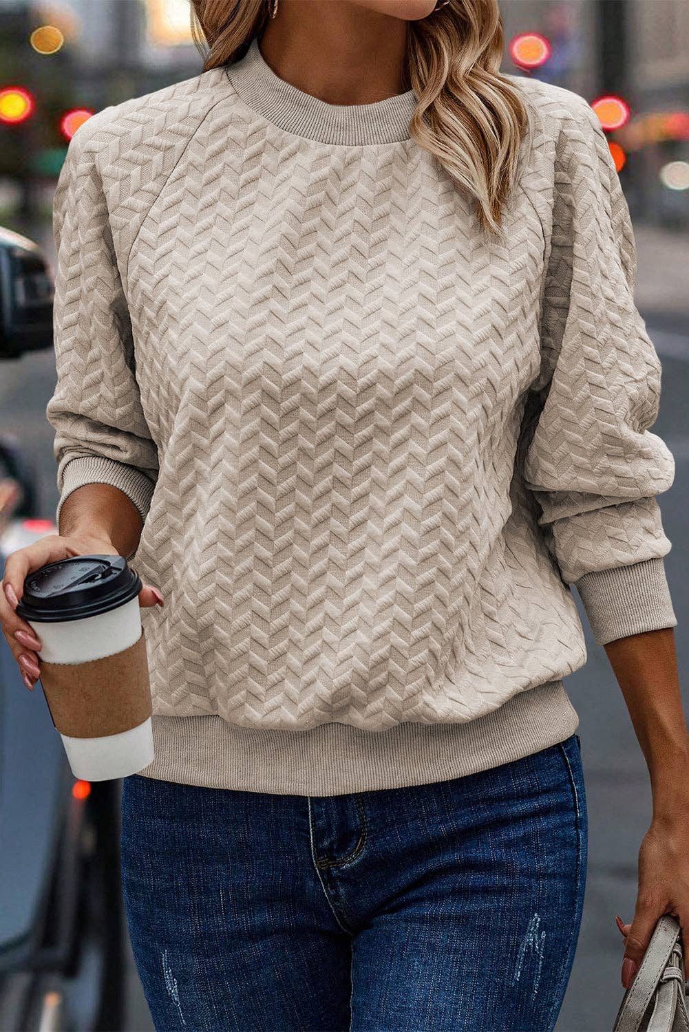 Textured Raglan Sleeve Pullover Sweatshirt: Beige