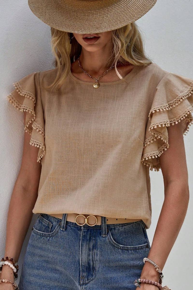 CWTBLS1120_SUMMER BAGGY BAT-SLEEVED SHORT-SLEEVED TOP: KHAKI / (S) 1