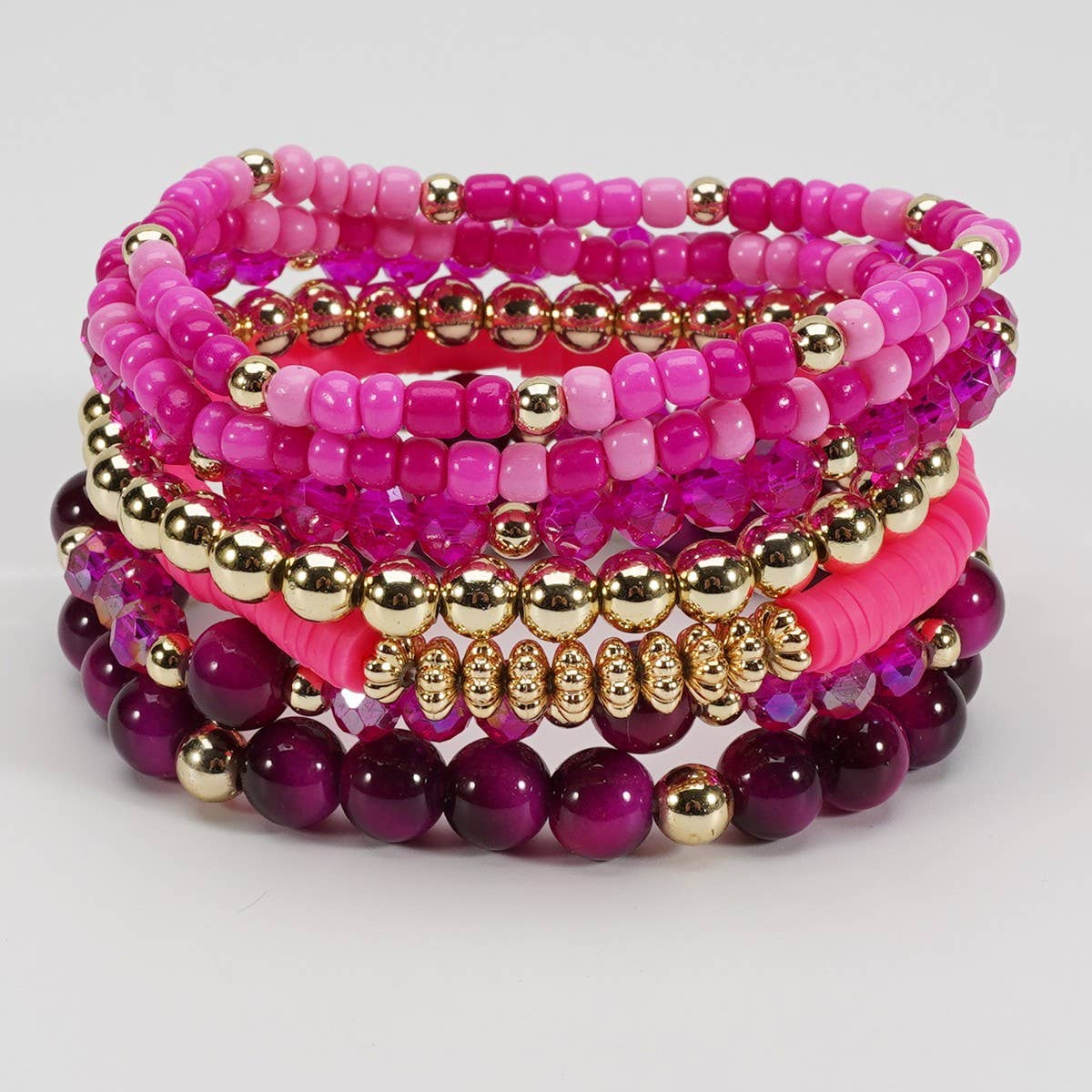 CWAJE06899_BOHO FAUX STONE ELASTIC BEADED BRACELET: BROWN / (OS) 1