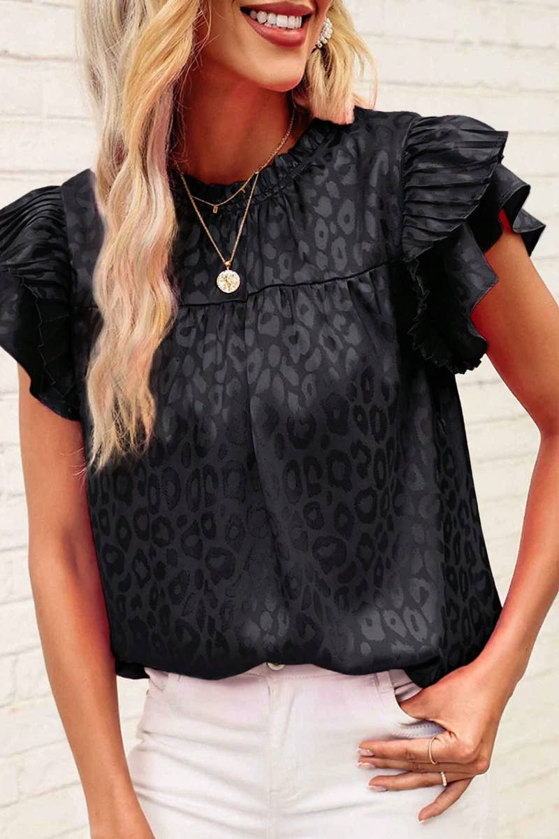 CWTBLSL0444_PRINTED LOTUS SLEEVES WITH WAVY COLLAR TOP: Black / (S) 1