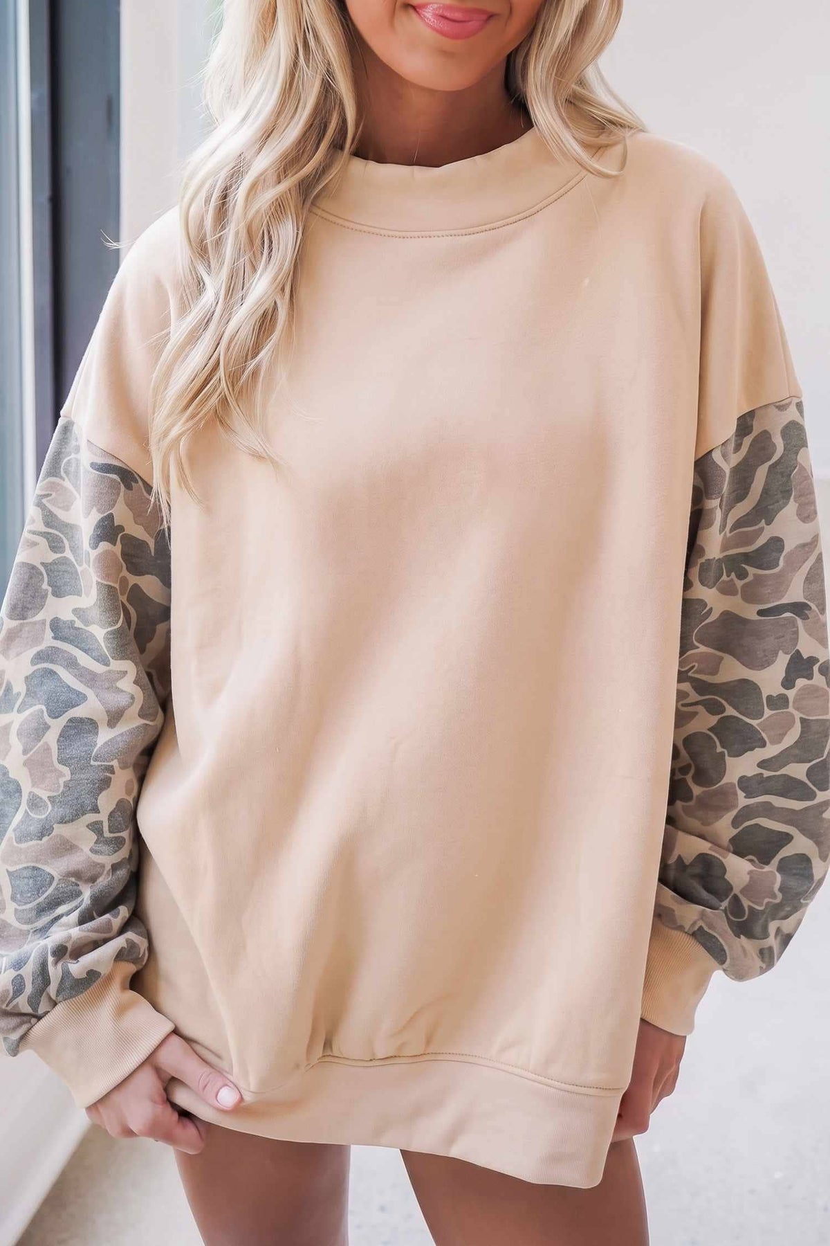 66 Plus Size Plaid/ Camo/ Dot Mock Neck Sweatshirt (S-4X): Camo Beige / XL