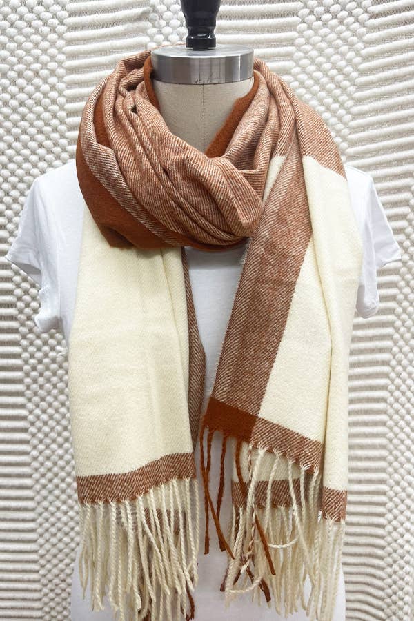 Two Tone Plaid Cashmere Scarf With Tassel