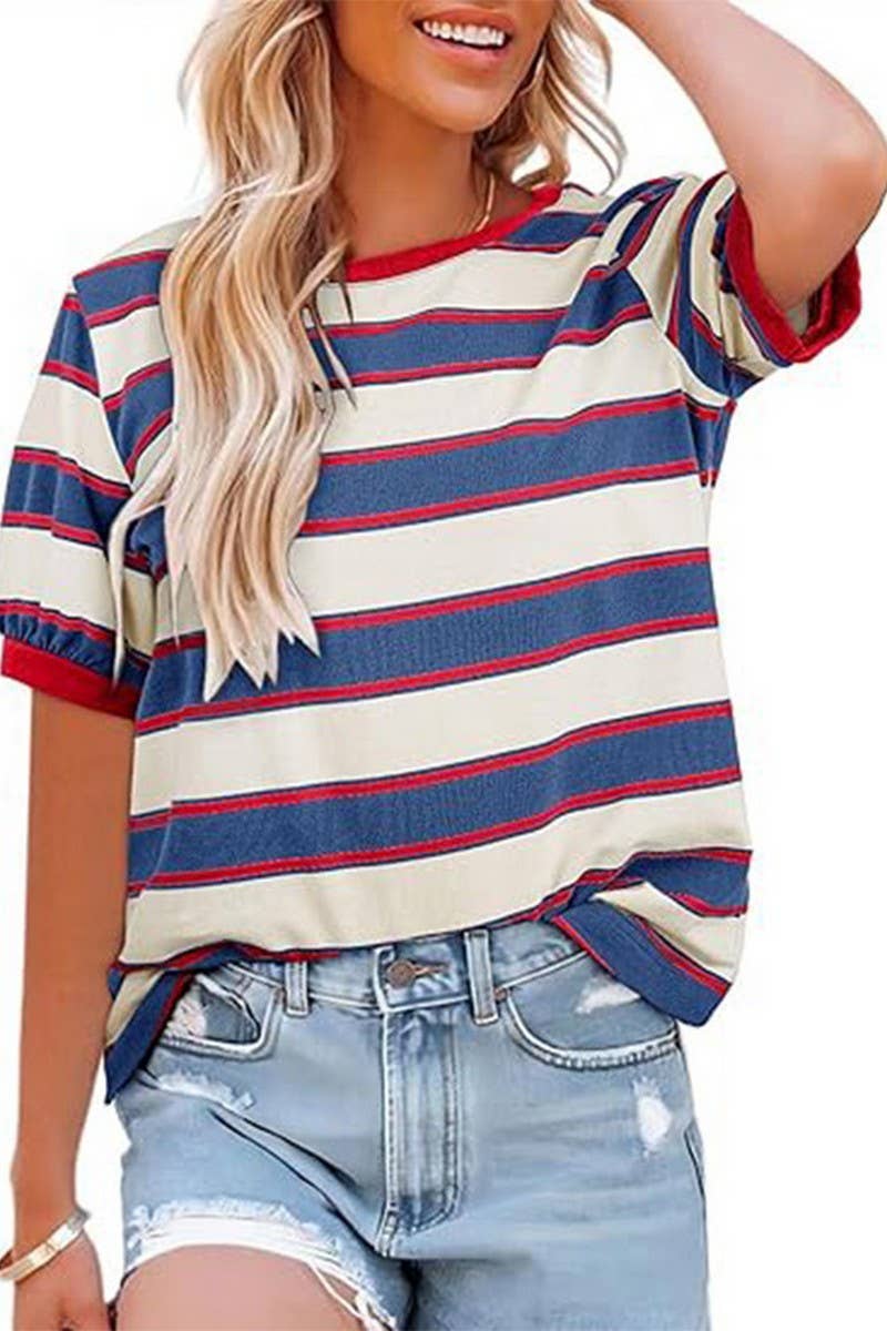 CWTTS00981_CASUAL STRIPED CREW NECK SHORT-SLEEVED T-SHIRT: BLUE / (S) 1
