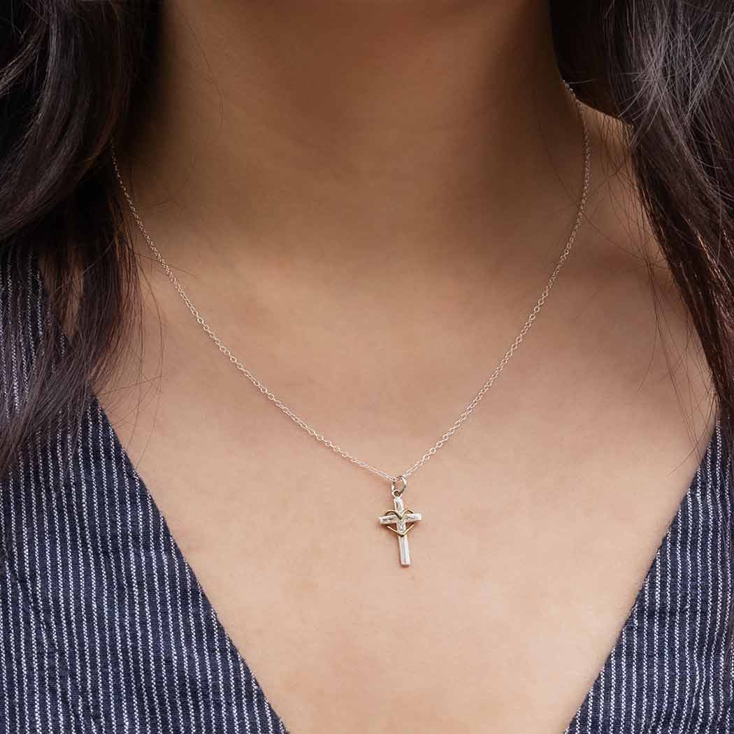 Sterling Silver Cross Necklace with Bronze Heart