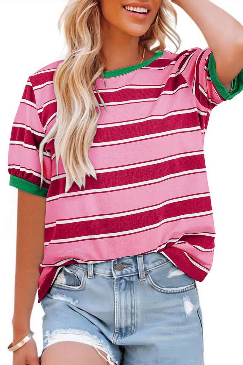 CWTTS00981_CASUAL STRIPED CREW NECK SHORT-SLEEVED T-SHIRT: BLUE / (S) 1