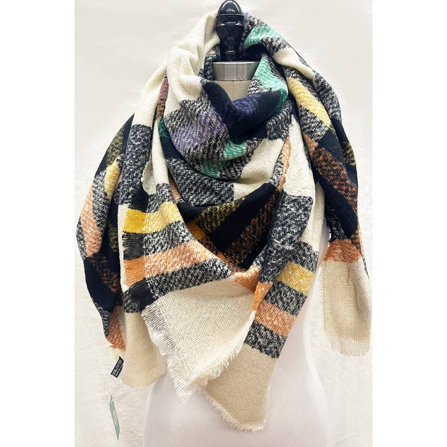 Plaid Fringe Blanket Scarf: Beige