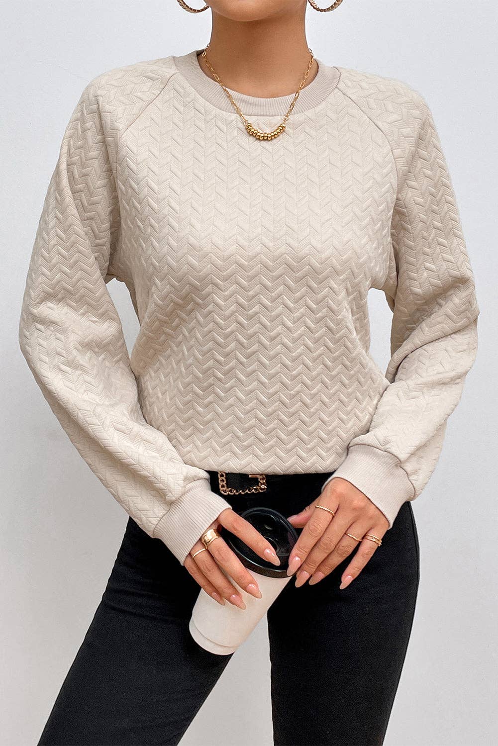 Textured Raglan Sleeve Pullover Sweatshirt: Beige