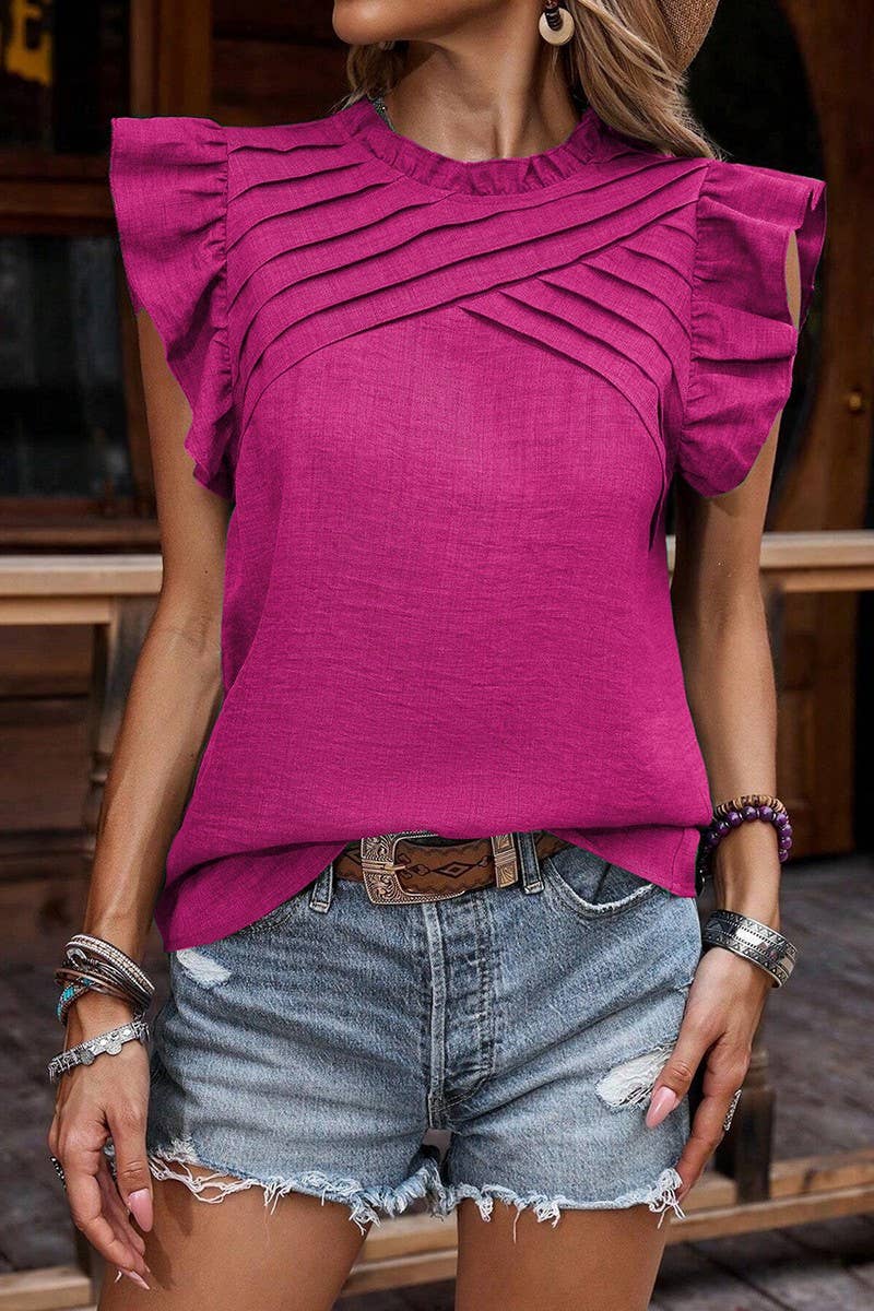 CWTBLSL0634_RUFFLE SLEEVE PLEATED SHORT SLEEVE TOP: GREEN / (S) 1