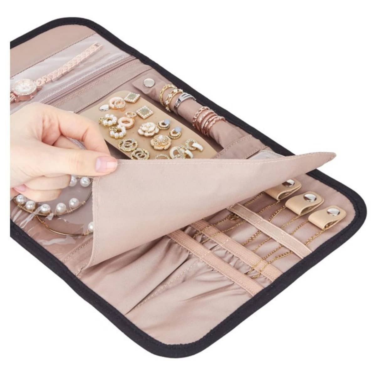 Portable Travel Jewelry Organizer Roll,Foldable for Earrings: Black