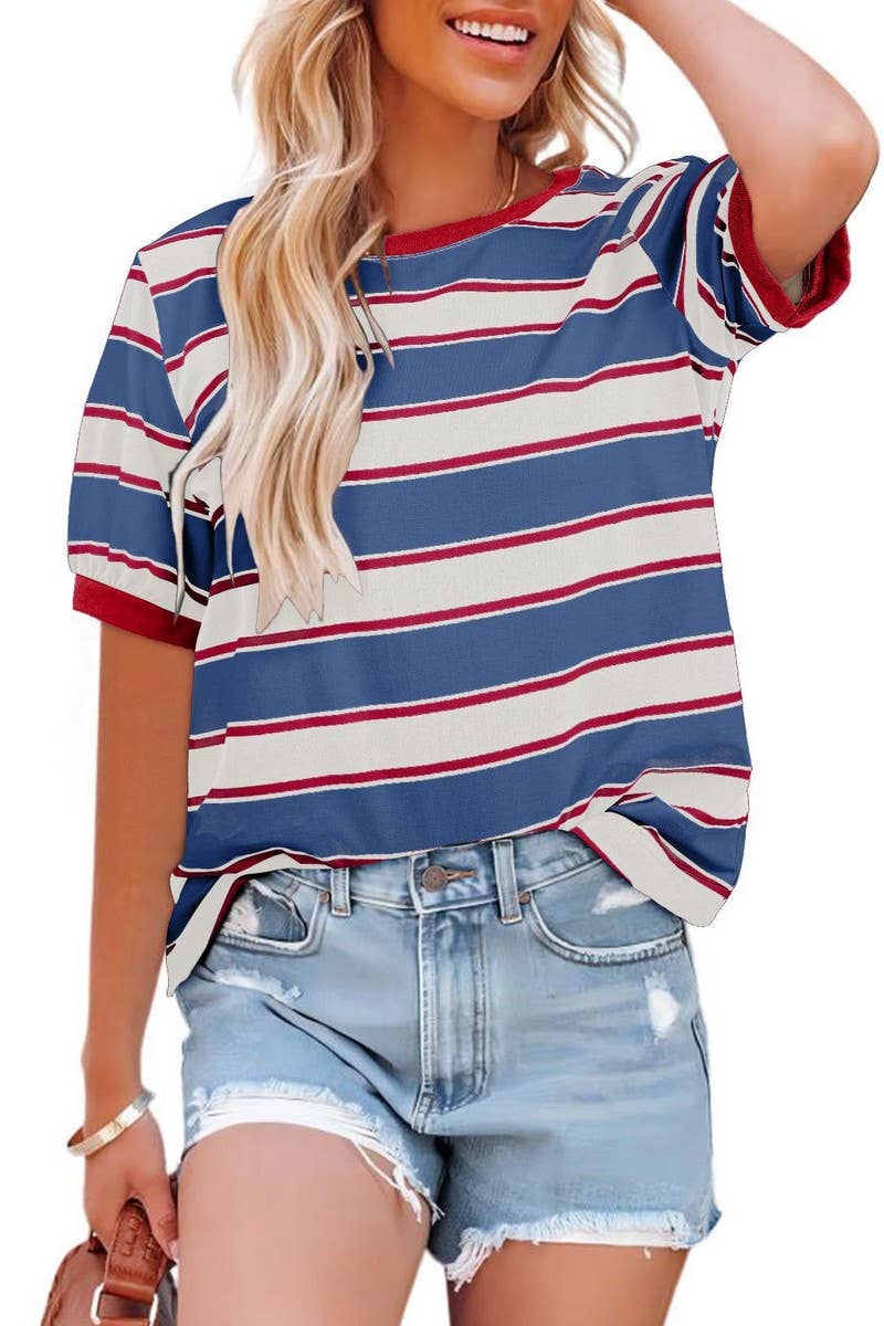 CWTTS00981_CASUAL STRIPED CREW NECK SHORT-SLEEVED T-SHIRT: BLUE / (S) 1