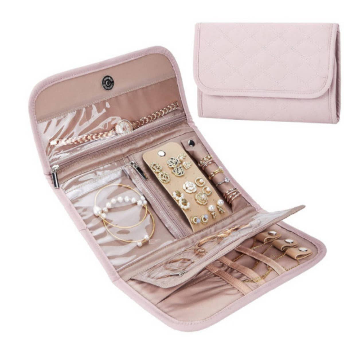 Portable Travel Jewelry Organizer Roll,Foldable for Earrings: Pink
