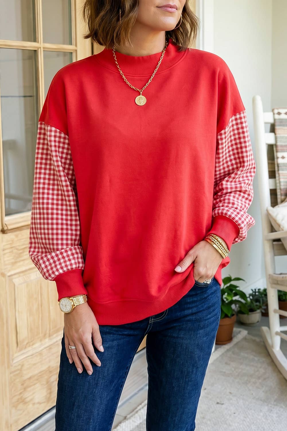 66 Plus Size Plaid/ Camo/ Dot Mock Neck Sweatshirt (S-4X): Camo Beige / XL