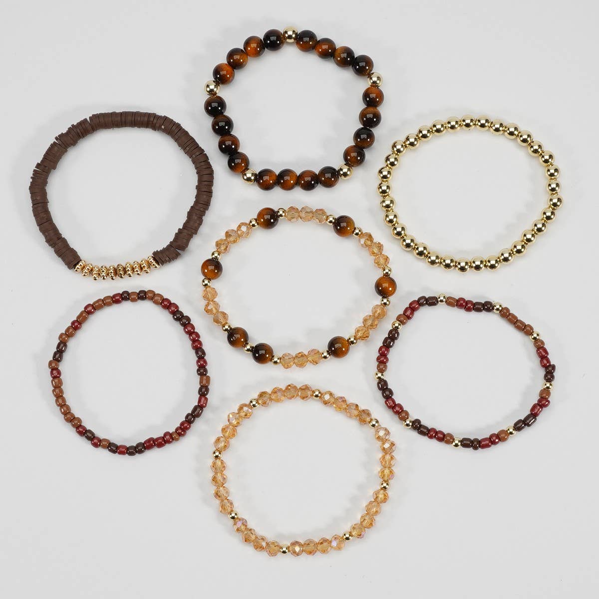CWAJE06899_BOHO FAUX STONE ELASTIC BEADED BRACELET: BROWN / (OS) 1
