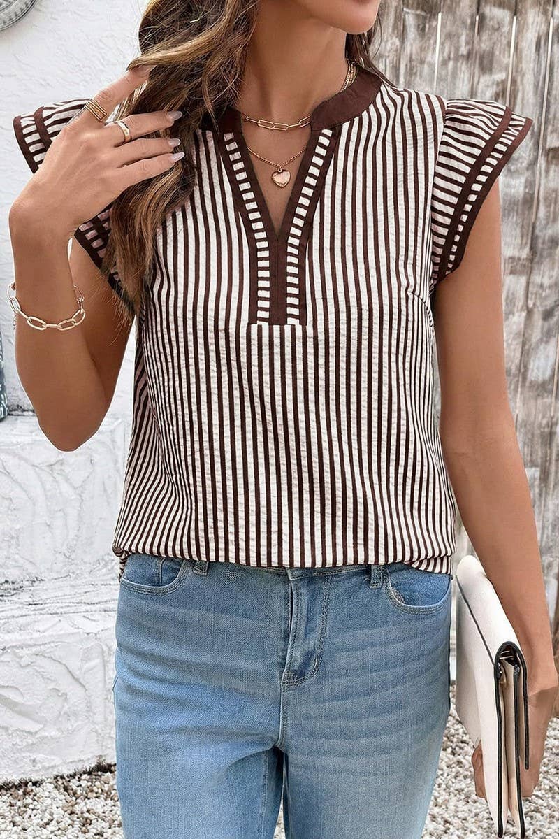 CWTBLS02770_COLOR-BLOCKED V-NECK STRIPED FLUTTER SLEEVE TOP: BLACK / (S) 1
