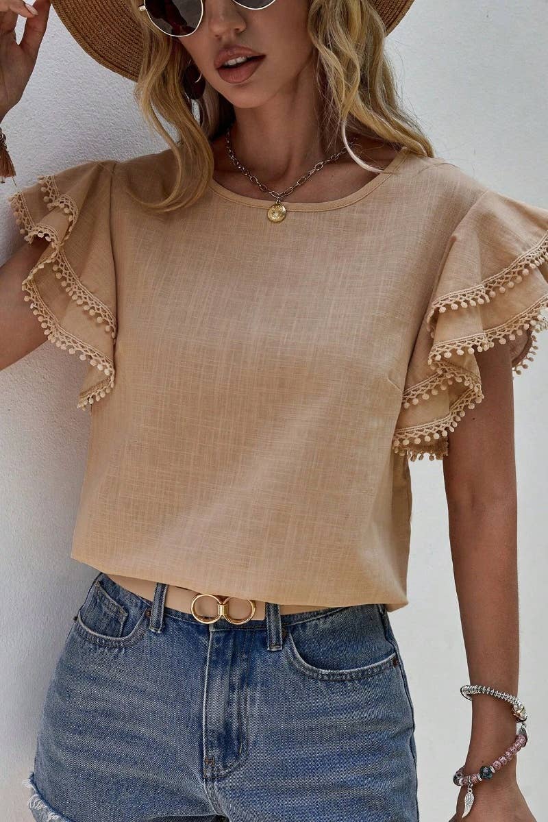 CWTBLS1120_SUMMER BAGGY BAT-SLEEVED SHORT-SLEEVED TOP: KHAKI / (S) 1