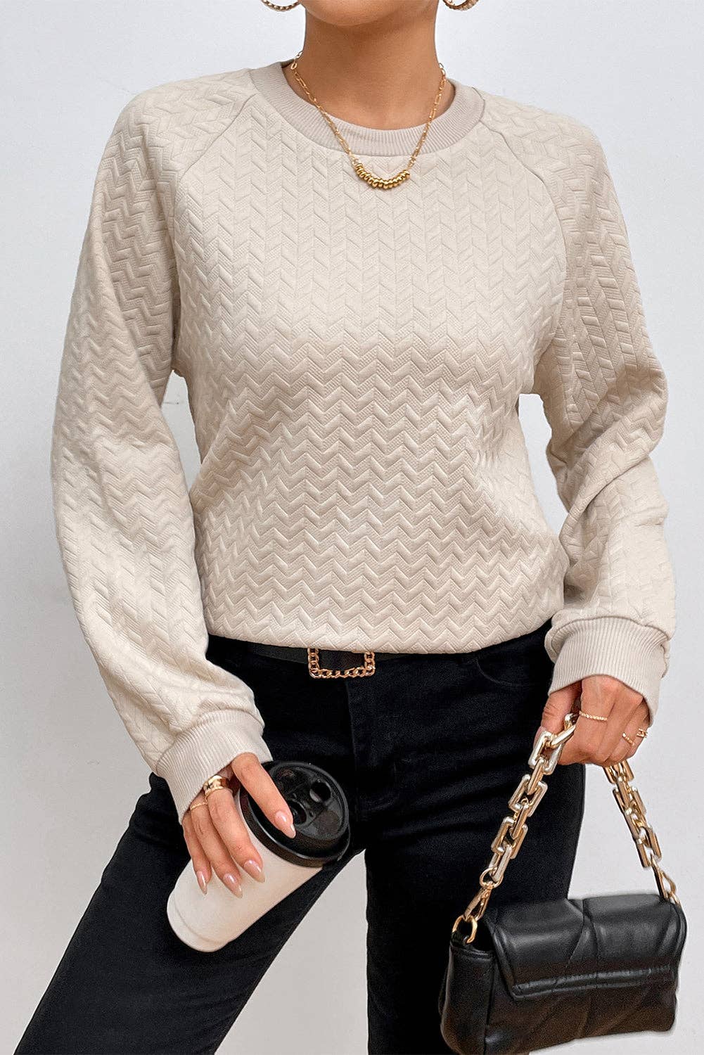 Textured Raglan Sleeve Pullover Sweatshirt: Beige