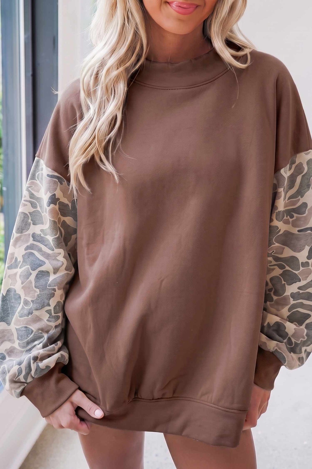 66 Plus Size Plaid/ Camo/ Dot Mock Neck Sweatshirt (S-4X): Camo Beige / XL