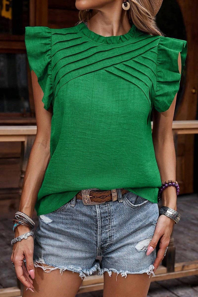 CWTBLSL0634_RUFFLE SLEEVE PLEATED SHORT SLEEVE TOP: GREEN / (S) 1