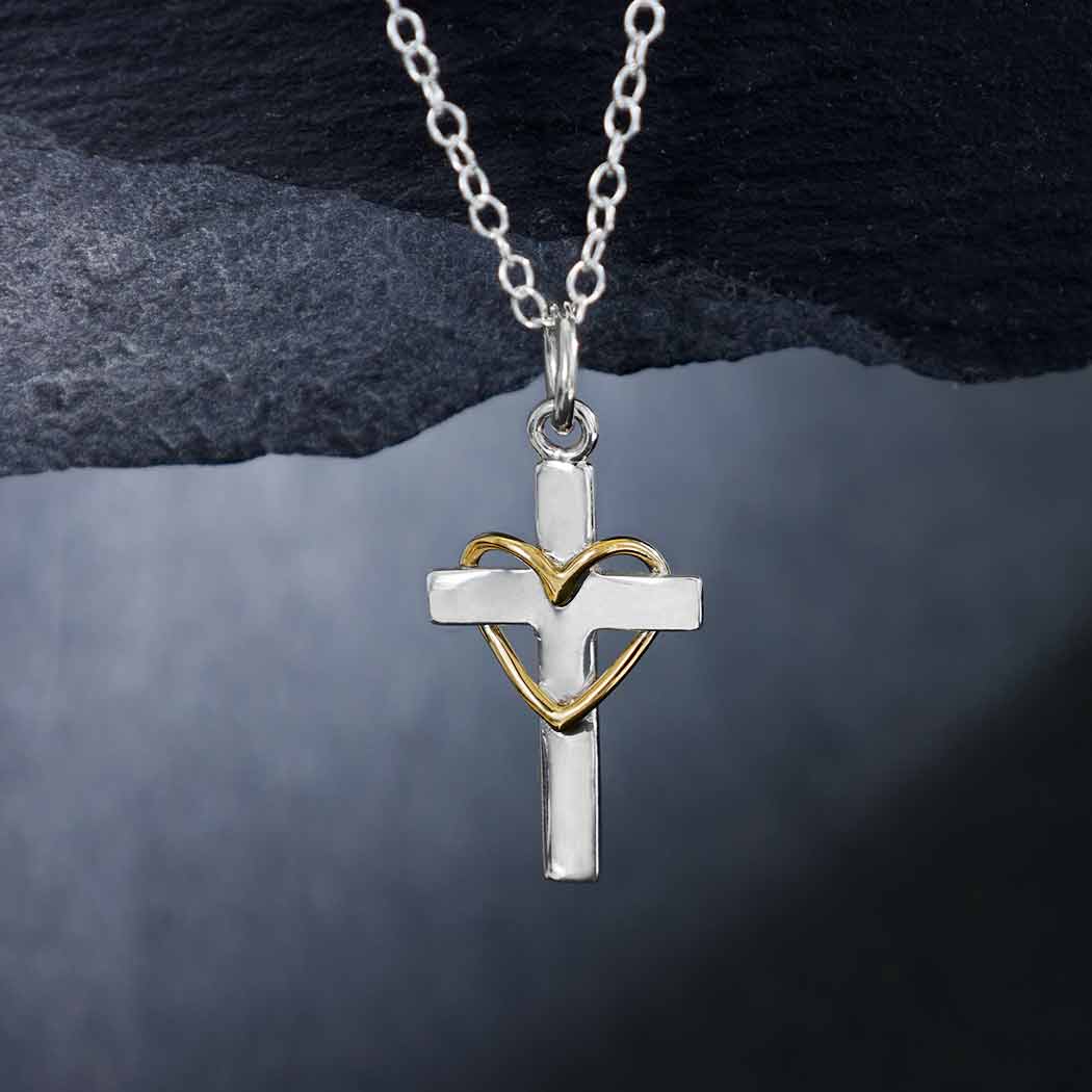 Sterling Silver Cross Necklace with Bronze Heart