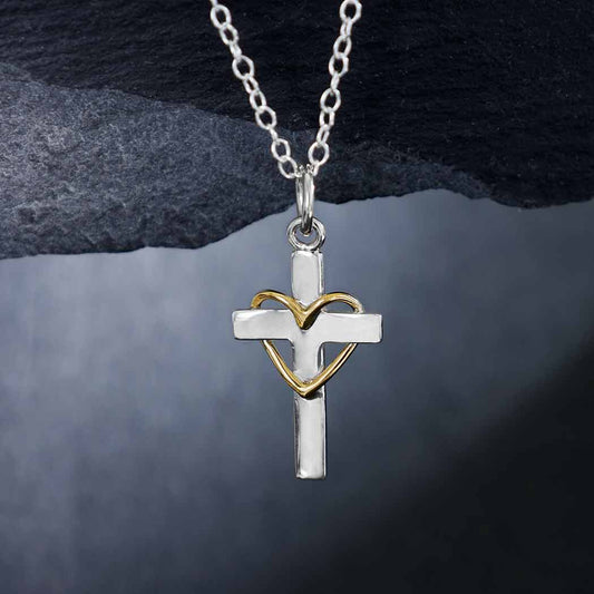 Sterling Silver Cross Necklace with Bronze Heart