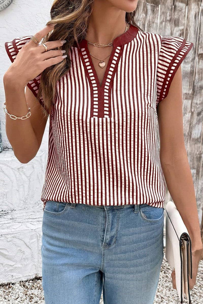 CWTBLS02770_COLOR-BLOCKED V-NECK STRIPED FLUTTER SLEEVE TOP: BLACK / (S) 1