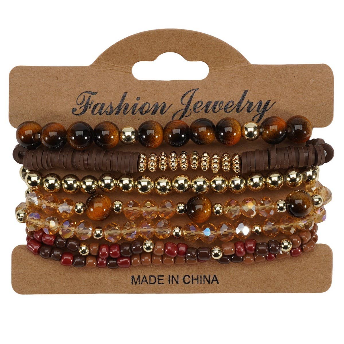 CWAJE06899_BOHO FAUX STONE ELASTIC BEADED BRACELET: BROWN / (OS) 1
