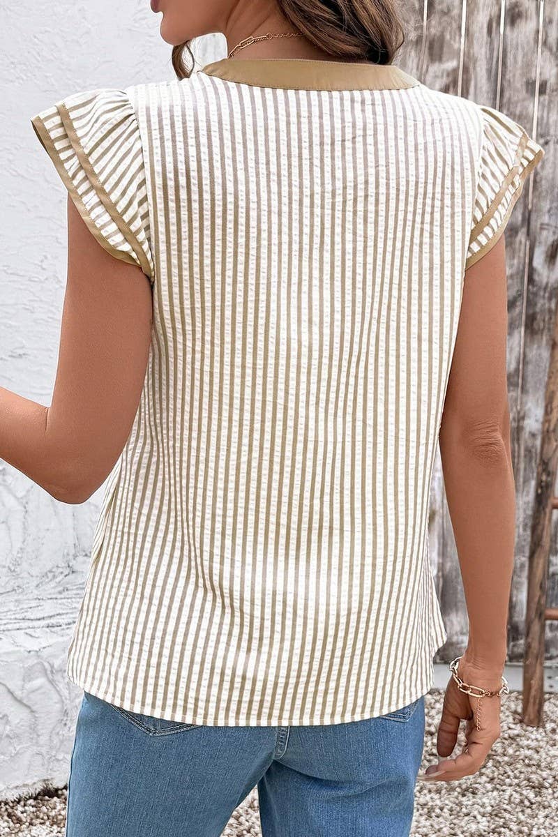 CWTBLS02770_COLOR-BLOCKED V-NECK STRIPED FLUTTER SLEEVE TOP: BLACK / (S) 1