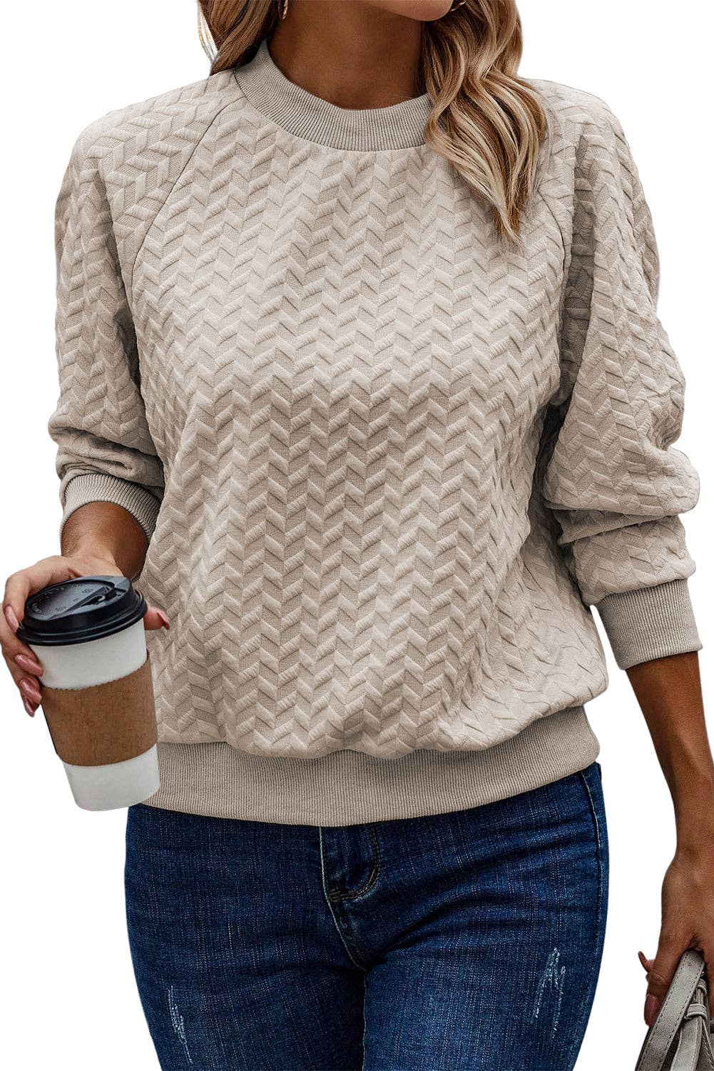 Textured Raglan Sleeve Pullover Sweatshirt: Beige