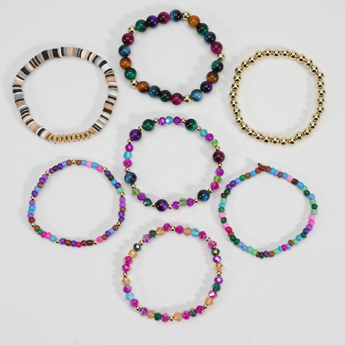CWAJE06899_BOHO FAUX STONE ELASTIC BEADED BRACELET: BROWN / (OS) 1