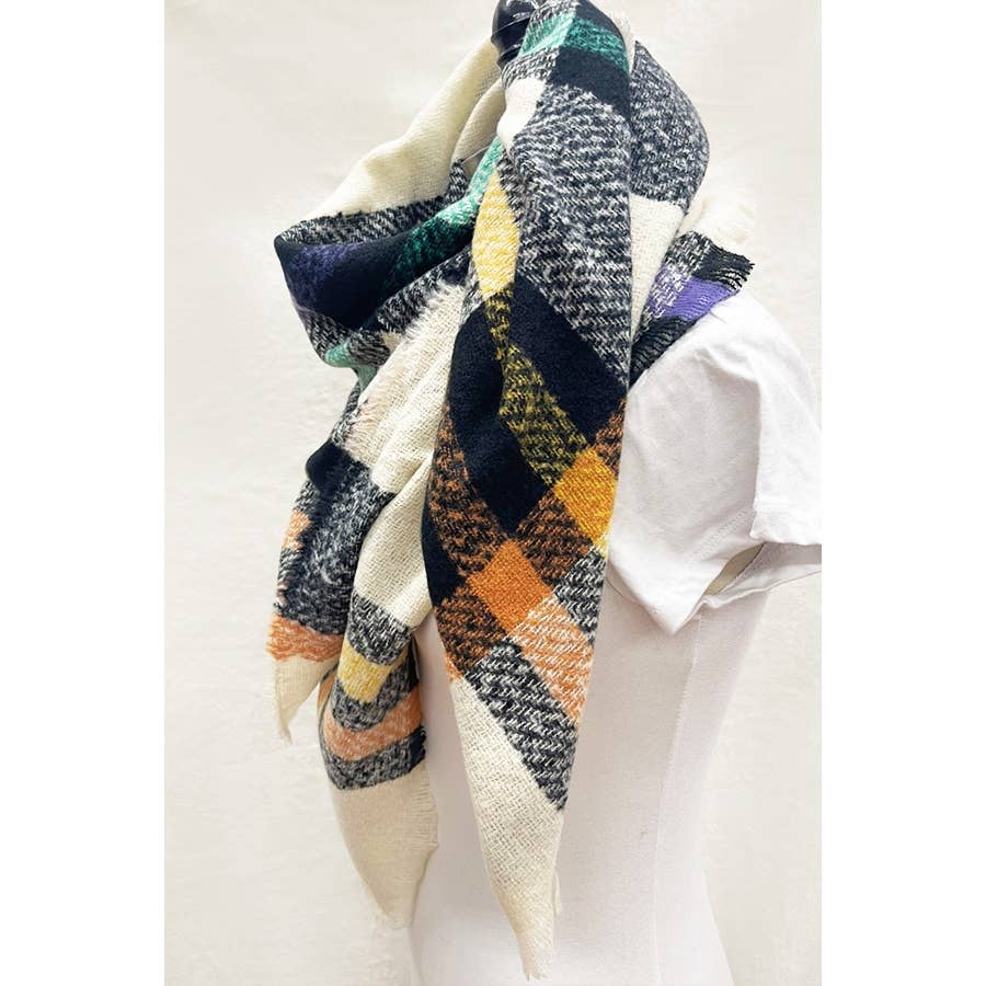 Plaid Fringe Blanket Scarf: Beige