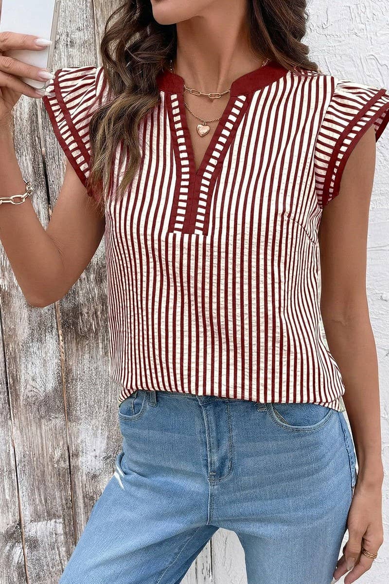 CWTBLS02770_COLOR-BLOCKED V-NECK STRIPED FLUTTER SLEEVE TOP: BLACK / (S) 1