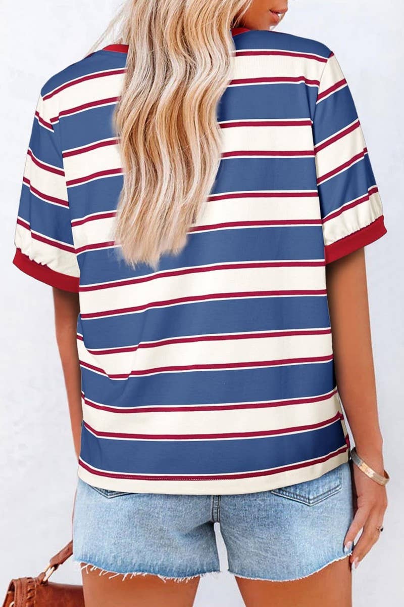 CWTTS00981_CASUAL STRIPED CREW NECK SHORT-SLEEVED T-SHIRT: BLUE / (S) 1