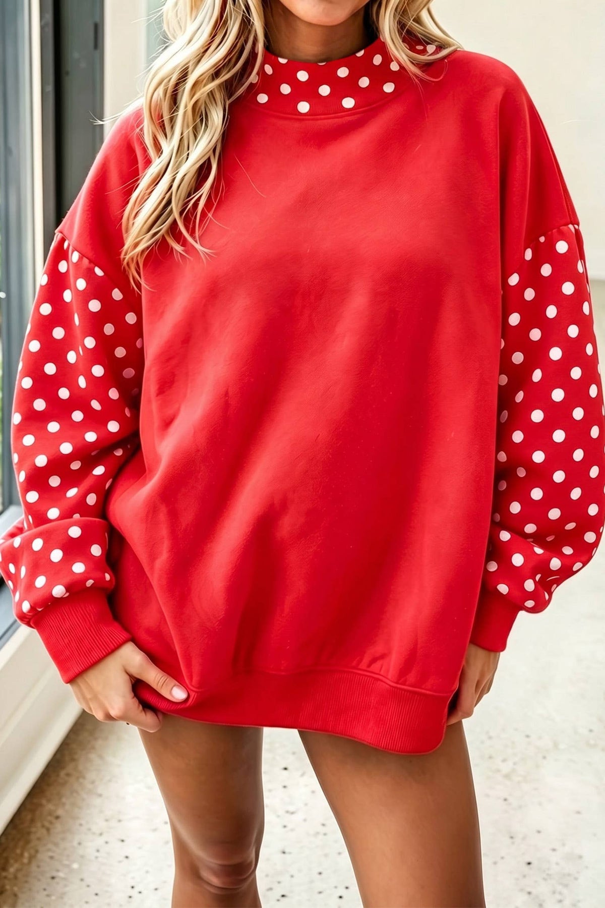 66 Plus Size Plaid/ Camo/ Dot Mock Neck Sweatshirt (S-4X): Red / 2X