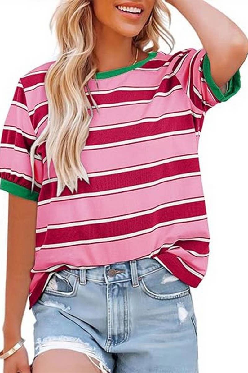 CWTTS00981_CASUAL STRIPED CREW NECK SHORT-SLEEVED T-SHIRT: BLUE / (S) 1