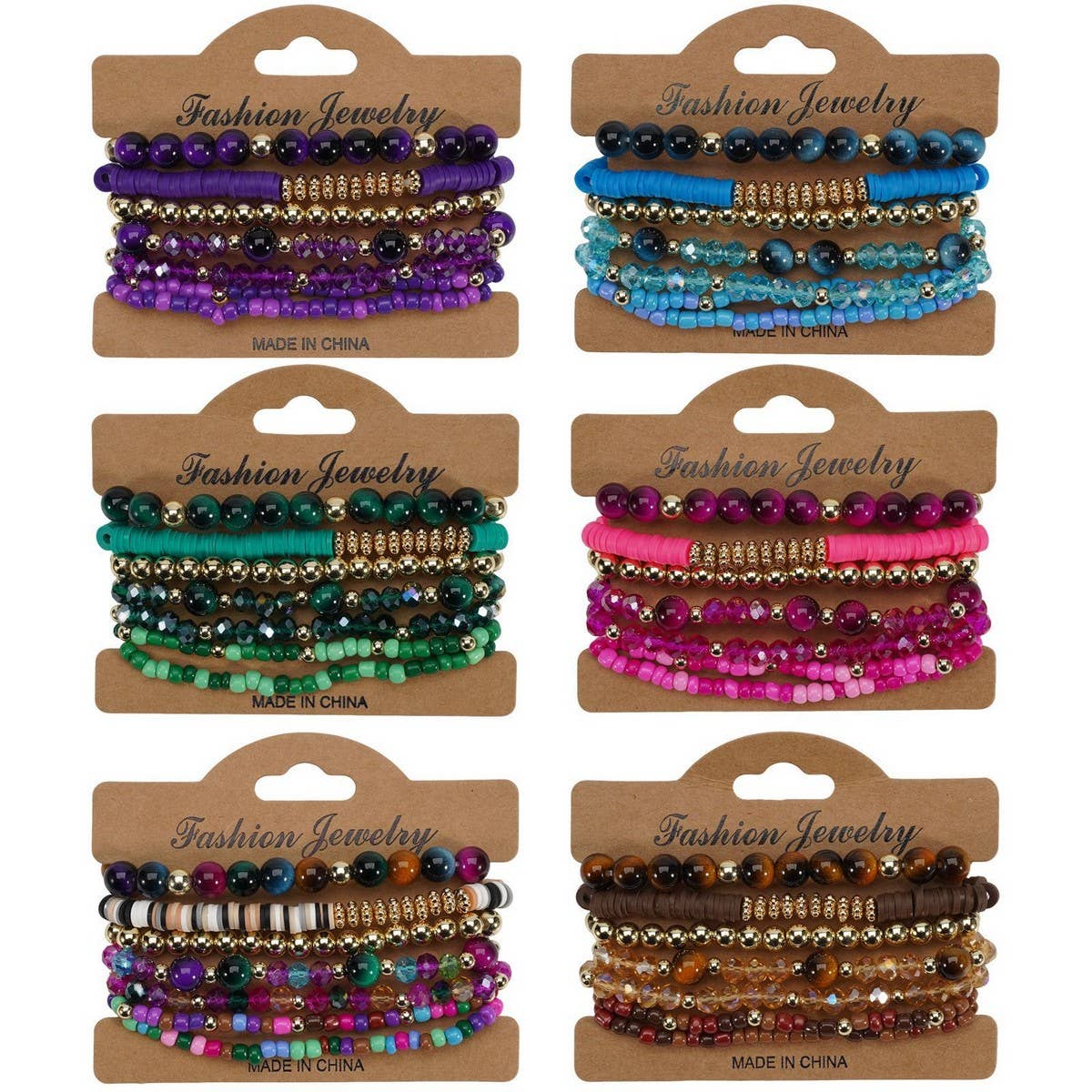 CWAJE06899_BOHO FAUX STONE ELASTIC BEADED BRACELET: BROWN / (OS) 1