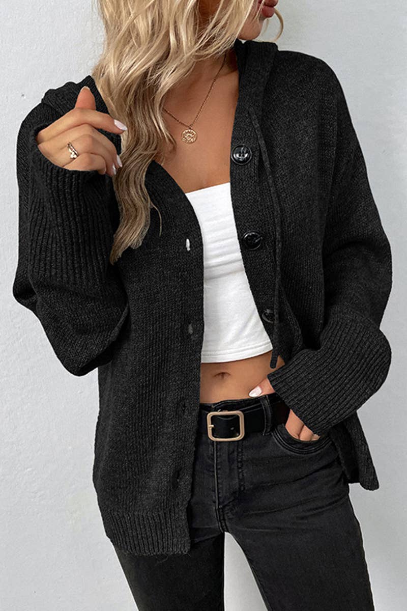 CWOCAL355 Button Down Open Front Hoodie Cardigan Sweater: GREY / (S) 1