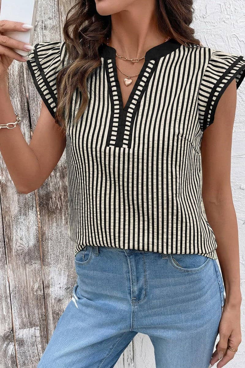 CWTBLS02770_COLOR-BLOCKED V-NECK STRIPED FLUTTER SLEEVE TOP: BLACK / (S) 1