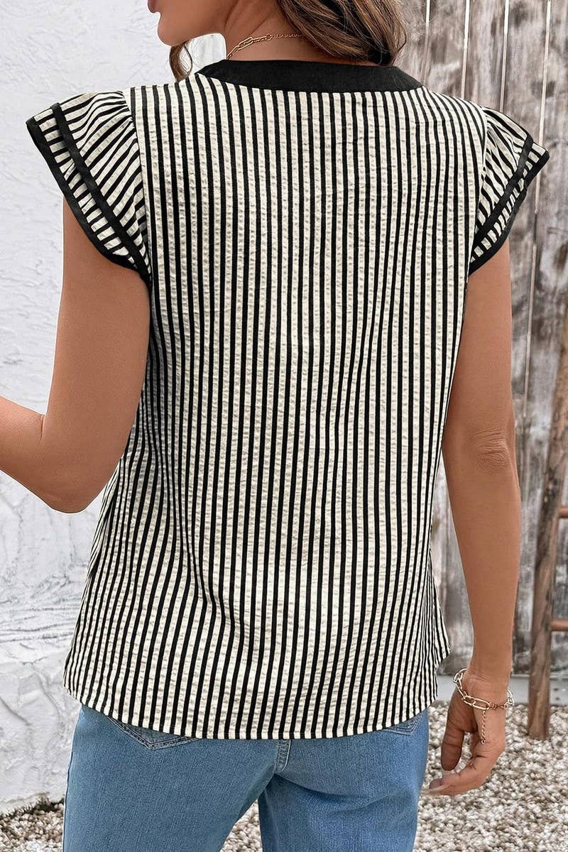 CWTBLS02770_COLOR-BLOCKED V-NECK STRIPED FLUTTER SLEEVE TOP: BLACK / (S) 1