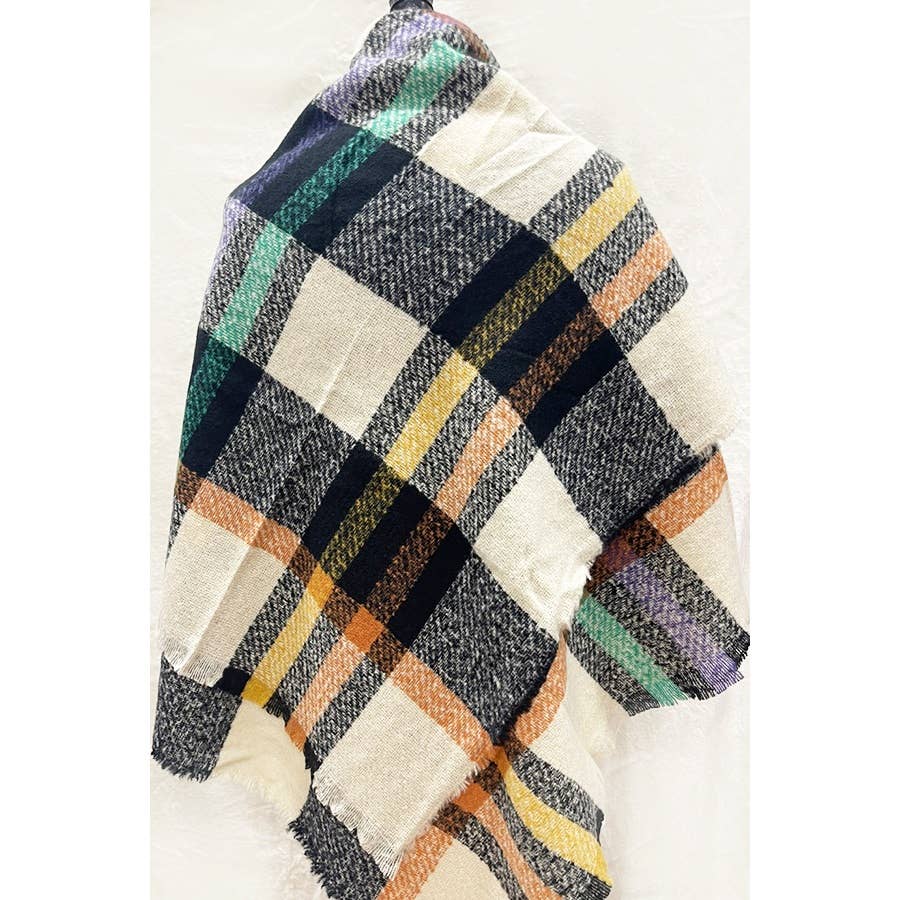 Plaid Fringe Blanket Scarf: Beige